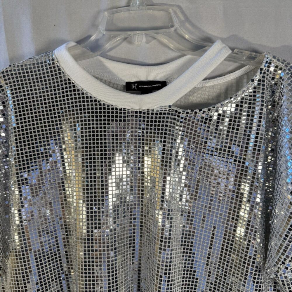 INC International Concepts Sequin Mesh Top Silver Shimmer Party Blouse L - Picture 3 of 10